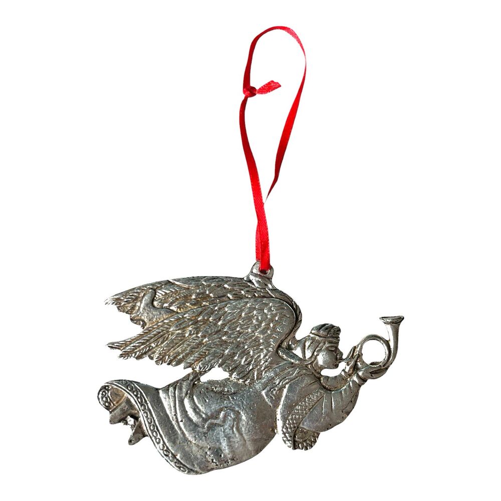Vintage Pewter Angel Blowing Horn Christmas Ornament 4-1/2"